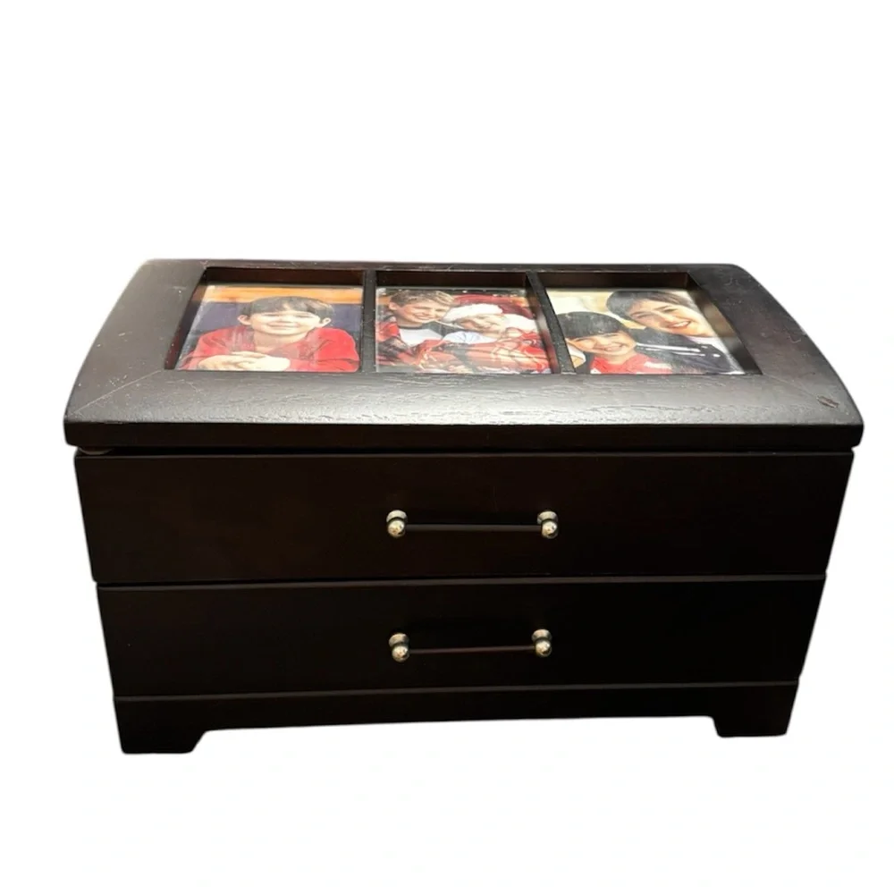 Vintage Dark Wood Jewelry Box 2-Drawer Glass Lid Trinket Organizer Picture Frame